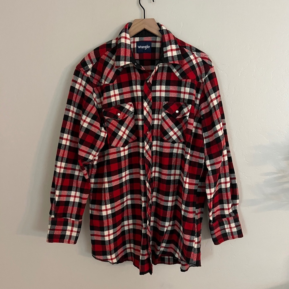 Wrangler Men's Red Plaid‎ Flannel Pearl Snap 100% Cotton Western Shirt Tall XL